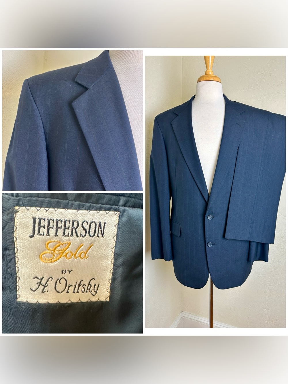 VTG H Oritsky Jefferson Gold Navy Pinstriped Suit USA UNION Made 42R  32 x 32